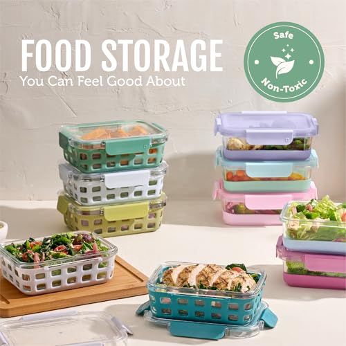 Ello Duraglass 3.4 Cup Meal Prep Sets 10Pc, 5 Pack Set- Glass Food Storage Container with Silicone Sleeve and Airtight BPA-Free Plastic Lids, Dishwasher, Microwave, and Freezer Safe, Olive Tree - color: Olive Tree, size: 3.4 Cup