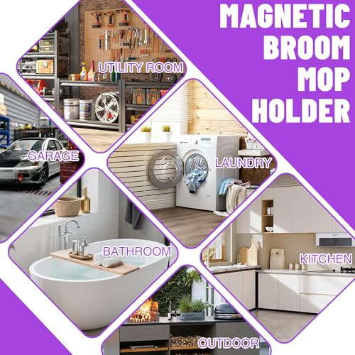 Magnetic Broom Holder Wall Mount - Heavy Duty Non-Slip Mop Hanger with 4 Hooks And 3 Rack, No Drill Tool Organizer for Refrigerator,Garage,Laundry Room (Black, 3Racks 4Hooks)