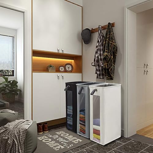 ZERO JET LAG 25 Inches Slim Laundry Storage Hamper - Large Rolling Clothes Hamper - Rolling Storage Bin - Tall Corner Basket - Clear Window Visible - Dirty Laundry Bin - (Beige) - color: Cream Beige