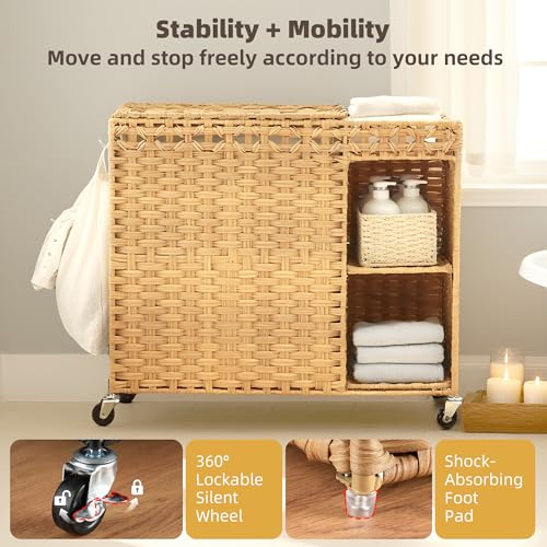 Laundry Hamper with Lid, 160L Rattan Wicker Laundry Basket with Wheels, Handwoven Laundry Hamper 2-Section with Storage shelf(42.3 Gal), Laundry Sorter Basket with Removable Liner, Natural HLH032N - color: Nature, size: 29.5”L x 13”W x26.4”H
