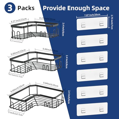 Menbyci 3 Pack Corner Shower Caddy, Adhesive Bathroom Shelves with 18 Hooks, Drill-Free & Quick-Dry Shower Organizer with Large Capacity, Rustproof Stainless Steel Bathroom Corner Storage Rack, Black - color: Black, size: 3 packs