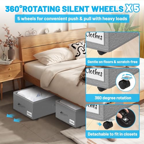 Under Bed Storage with Wheels, 2-Pack 10" Height XXL 60L Rolling Storage Bins, Quick Assembly Underbed Shoe Storage Containers with Clear Lid & Label, Dorm Under bed Drawers for Clothes, Shoes, Grey - color: Grey-2 Pack, size: 9.5 Inch Tall - Clear Lid