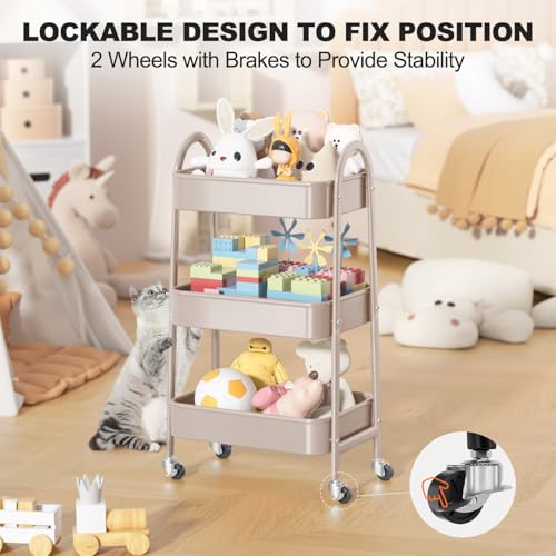 EAGMAK 3 Tier Rolling Cart, Large Metal Storage Cart with Handle and Lockable Wheels, Big Multifunctional Storage Organizer Trolley with Mesh Baskets for Kitchen, Living Room, Office, Garage (Beige) - color: Beige, size: Large