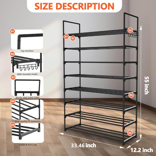 Hsscblet 8 Tiers Metal Shoe Rack,Adjustable Shoe Shelf Storage Organizer with Hooks,Stackable Boot & Shoe Storage,for Entryway,Hallway,Closet,Black - size: 8-Tier