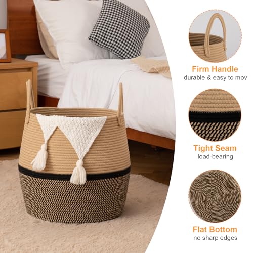 OIAHOMY 60L Blanket Basket with Handle, Storage Basket for Living Room, Laundry Hamper for Clothes, Towels, Pillows, Toy Storage for Kids and Dogs, Baby Hamper for Nursery - Brown & Black - color: Brown & Black, size: 60L