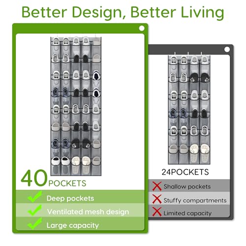 Unjumbly Over the Door Shoe Organizer with 40 Large Breathable Mesh Pockets, Space Saving Shoe Holder, Hanging Shoe Rack for Entryway Bedroom Closet Storage (Grey, 40 Pockets) - color: Grey, size: 40 Pockets