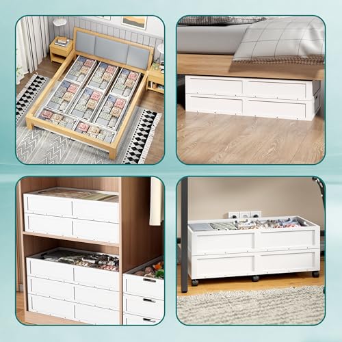WISUCART Wood Under Bed Storage Containers Underbed Organizer with Wheels Sturdy Wood Rolling Under Bed Shoe Storage Organizer 2 Packs (White, Large) - color: White