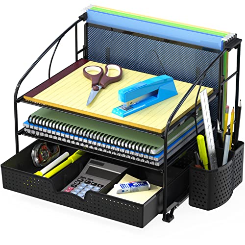 Simple Houseware 3-Tier Desk Organizer with Sliding Drawer, Hanging File Holder and Pen Holder Accessory, Black - color: Black, size: 1 Pack