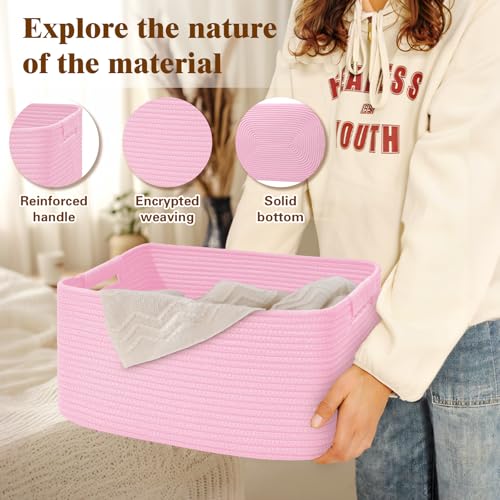2 Pack Large Storage Basket for Organizing, 17.5"x13"x7" Woven Basket for Shelves, Closet Cube Storage Bins with Wrapped Handle, Cotton Rope Baskets for Kitchen, Clothes, Toys(Light Pink) - color: Light Pink, size: 2 Pack