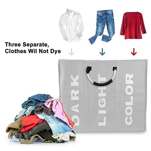 94L Foldable Laundry Basket with Handle Divided Laundry Hamper 3 Sections for Dirty Clothes 3 Compartment Collapsible Sorted Bag for School Dorm Bedroom Bathroom Closet Apartment (Light gray)