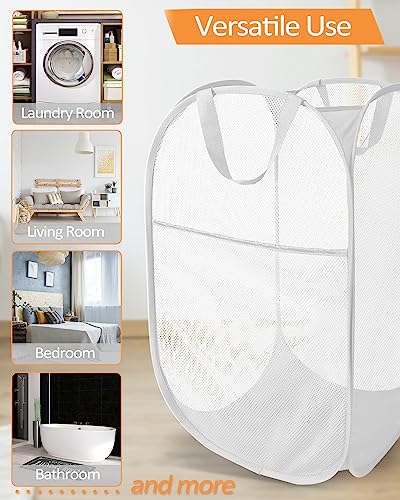 2 Pack Durable Collapsible Laundry Baskets - Reinforced Mesh Pop Up Laundry Hamper with Pocket, Foldable Dirty Clothes Hamper with Carry Handles for Laundry, Bathroom, Kids Room, Dorm or Travel White - color: 2 x White, size: Pop Vertical