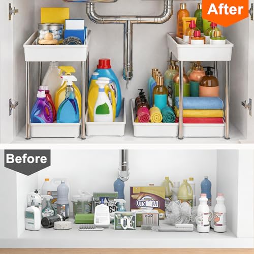 2-Tier Under Sink Organizer with Smooth Rolling Wheels, Pull-Out Bottom Storage Drawer with Easy-Lift Handle, Metal & Plastic Sliding Cabinet Organizer for Kitchen & Bathroom, White, 2 Pack - color: White