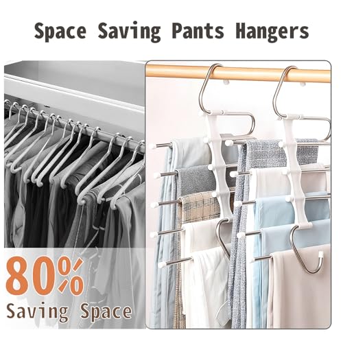 Pants Hangers Space Saving 5 Tier - 2 Pack Closet Organizers and Storage Closet Organizer,Anti-Slip Design,Closet Organizers and Storage for Pants Jeans Skirts Scarf Legging