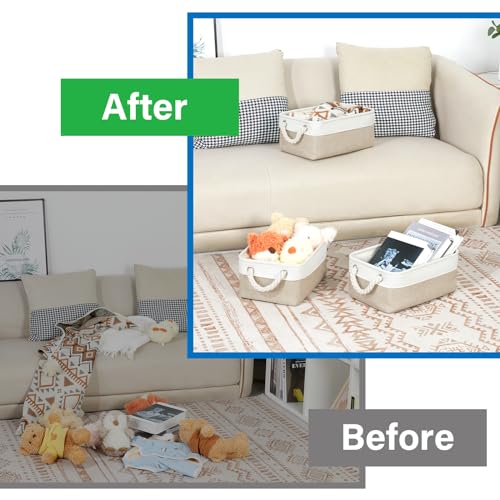 Bidtakay Small Baskets Fabric Storage Baskets for Organizing 3-Pack 12x8x5 Inch Collapsible Storage Bins for Shelves Canvas Bins for Closet Organization Baskets Storage Linen Closet S-White&Beige - color: White&Beige, size: 3 Pack-S-12x8x5 In