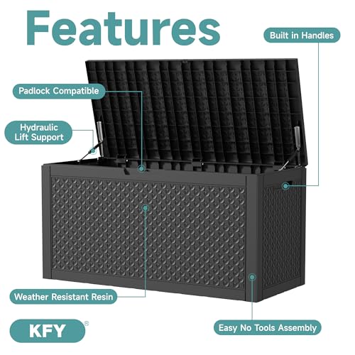 101 Gallon Waterproof Outdoor Storage Box, UV Resistant Resin Deck Box with Hydraulic Rod for Reinforced Stability, Perfect for Patio, Garden, and Pool（Black，101 Gallon） - color: Black, size: 101 Gallon