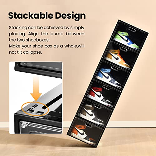 Amllas 8 Pack Shoe Boxes Black Plastic Stackable, Large Shoe Storage Organizer,Drop Side Front Shoe Containers for Entryway,Sneaker Storage Fit up to US Size 13 for Men/Women(13’’x 10.6”x 8.3”) - color: Black