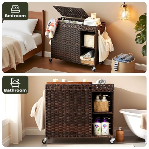 Laundry Hamper with Lid, 160L Rattan Wicker Laundry Basket with Wheels, Handwoven Laundry Hamper 2-Section with Storage shelf(42.3 Gal), Laundry Sorter Basket with Removable Liner, Brown HLH032BR - color: Brown, size: 29.5”L x 13”W x26.4”H