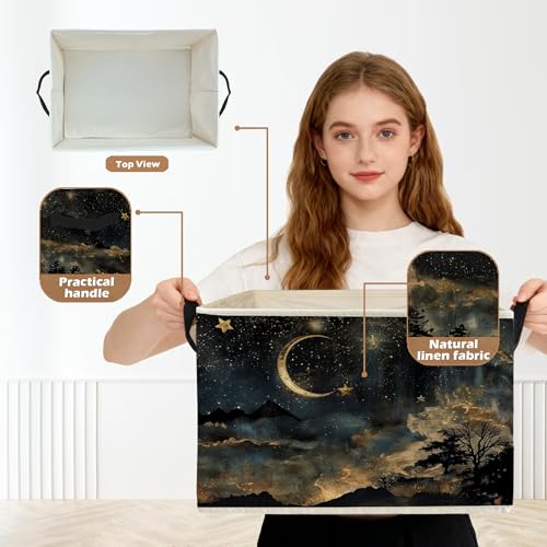 Mystical Crescent Moon Star Celestial Storage Box Bins, Moody Starry Night Sky Collapsible Storage Basket Organizer for Bedroom Laundry Room Home Clothes Toys Books, Toybox for Kids - color: Mystical Moon-02