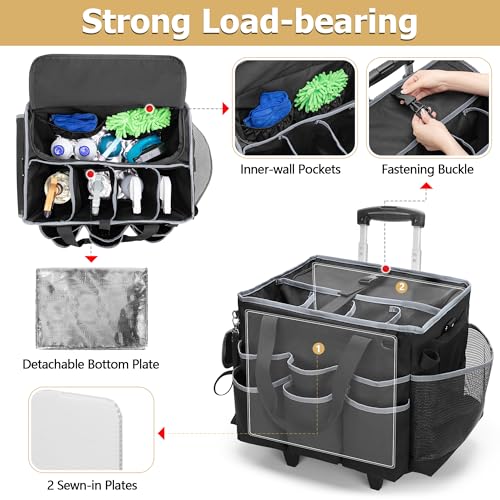 HODRANT Large Cleaning Caddy with Detachable Trolley & Shoulder Strap, Cleaning Supplies Bag with Handles & Support Plates, Cleaning Product Rolling Organizer for Car Wash and Housekeeping