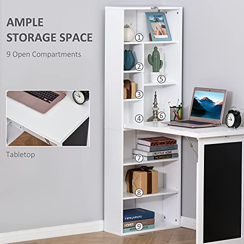 White Foldable Wall Mounted Desk with Storage Shelves, Fold Out Convertible Computer Table with Blackboard, Folding Writing Table Workstation for Small Spaces, Home Office - color: White