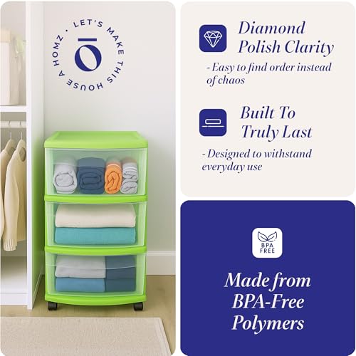 HOMZ 2-Pack Drawer Tower, 3-Tier Clear Plastic Storage Organizer Cart, Bold Lime Frame - Organizing Containers with Wheels for Home, Bathroom, Bedroom, Office, and Classroom - color: Bold Lime, size: 2 Pack