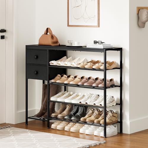 5-Tier Shoe Rack with 2 Fabric Drawers, Metal Frame and Wooden Board Shoe Organizer for 16-20 Pairs of Shoes, Shoe Shelf with Boots Storage for Entryway Closet Black - color: Black