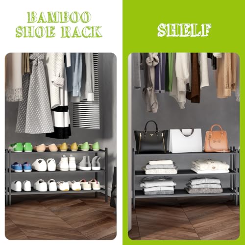 BMOSU 3-Tier Bamboo Extended Shoe Rack Premium Stackable Shoe Shelf Storage Organizer for Hallway Closet Living Room Entryway Organizer(Black) - color: Black, size: 3-Tier Long（33.3*11*18.3inches）