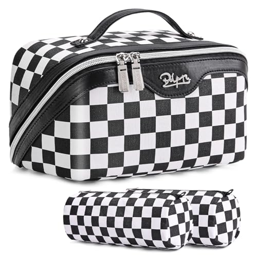 BOYATU Travel Makeup Bag Cosmetic Bags for Women: Large Make up Bags Set of 3 - Portable Makeup Organizer with Compartments&Handle&Divider - Waterproof PU Leather Toiletry Bag(A-5-Checkered Mix Black) - color: A-911-Checkered Mix Black