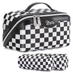 BOYATU Travel Makeup Bag Cosmetic Bags for Women: Large Make up Bags Set of 3 - Portable Makeup Organizer with Compartments&Handle&Divider - Waterproof PU Leather Toiletry Bag(A-5-Checkered Mix Black) - color: A-911-Checkered Mix Black