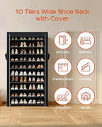 CASAMAYA Shoe Rack with Covers, 10 Tiers Tall Shoe Rack Organizer, Large Capacity Shoe Shelf Storage, Hold 30 Pairs of Shoes, Vertical Shoe Storage Organizer for Closet, Entryway, Black, SRT103B01 - size: 24.8"W - 10 Tier
