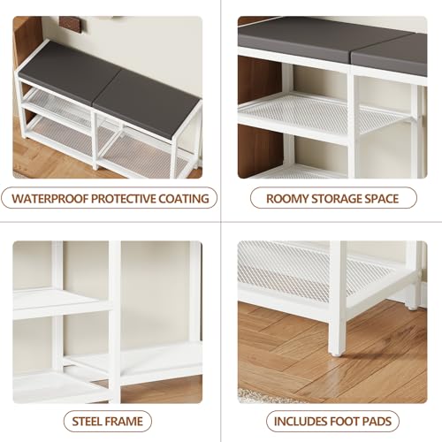 ZHOOGE Shoe Bench & Rack Storage Bench with Seat Cushion, Stable Entryway Bench Holds Up to 300 lb, (35" L x 12" W x 17" H, White) - color: White, size: 35"L x 12"W x 17"H