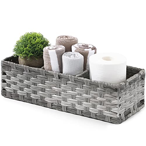 [Larger Compartments] Toilet Tank Topper Paper Basket - Multiuse Hand Woven Plastic Wicker Basket with Divider for Organizing, Rustic Farmhouse Bathroom Decor, Countertop Organizer Storage, Grey - color: Grey