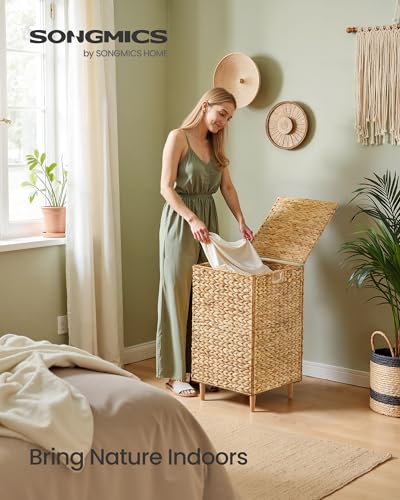 SONGMICS Laundry Hamper, 25 Gal. (95 L) Handwoven Water Hyacinth Wicker Laundry Basket with Lid, Natural Material, Removable Machine Washable Liner, Handles, Natural ULCB201Y01 - color: Natural, size: 95 L (Handwoven )