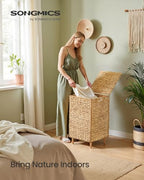 SONGMICS Laundry Hamper, 25 Gal. (95 L) Handwoven Water Hyacinth Wicker Laundry Basket with Lid, Natural Material, Removable Machine Washable Liner, Handles, Natural ULCB201Y01 - color: Natural, size: 95 L (Handwoven )