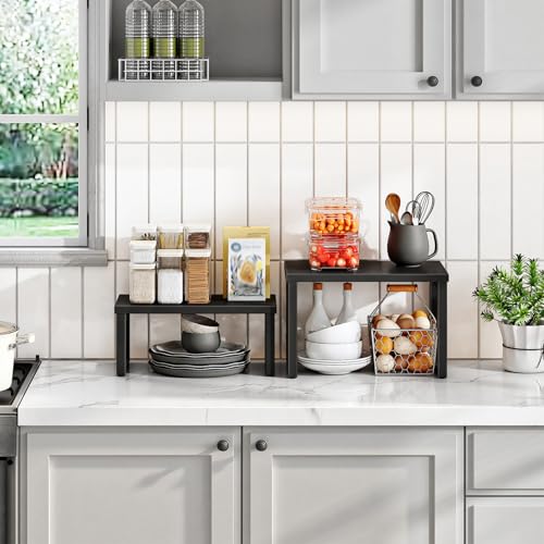 HOOBRO Cabinet Organizer Shelf, Set of 4 Kitchen Counter Shelves, Expandable Kitchen Storage, Stackable Spice Rack, for Kitchen, Countertop, Office Desk, Living Room, Black BK20TLP201 - color: Black