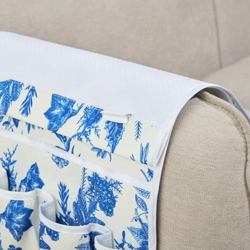FLYILY Sofa Armrest Organizer Non-Slip Arm Chair Hanging Caddy Remote Control Holder for Magazine,Tablet, Phone, Books, Glasses(BlueFloral,13in) - color: BlueFloral, size: 35"x13"