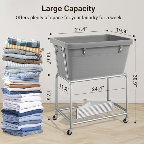 ELYKEN Rolling Laundry Hamper with Wheels, 32-Gallon (122L) Laundry Cart with Removable Bag, 2-Tier Clothes Basket Hamper with Shelf for Closet, Bedroom, Bathroom, Laundry Room, Gray - color: Gray, size: 27.4"L x 19.9"W x 30.9"H