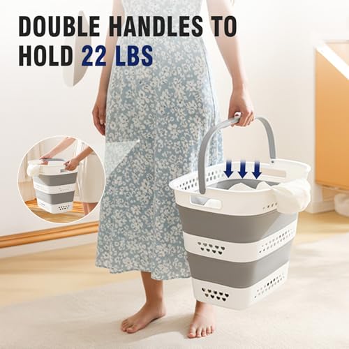 Collapsible Plastic Laundry Basket Hamper with Handles, Large 42L Portable Rubber Clothes Basket, Pop Up Storage Container/Organizer for Washing & Storage, Grey - color: Grey, size: 42L