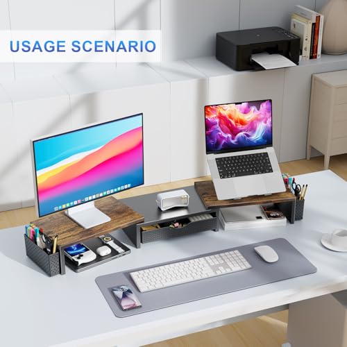 gianotter Dual Monitor Stand Riser, Desk Organizer With Drawer and 2 Pen Holders,Computer Monitor Stand, Desk Shelf for Top of Desk, Wood - color: Wood
