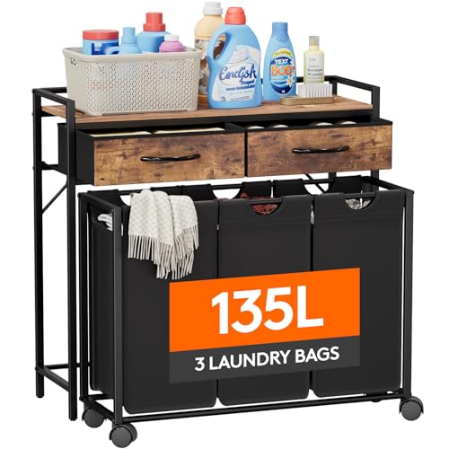 Lifewit Laundry Hamper 3 Section, Large Rolling Laundry Sorter with Shelf & 2 Drawers, Pull-Out Laundry Basket Organizer with Wheels and Removable Bag for Laundry Room Bathroom, Rustic Brown and Black - color: Rustic Brown