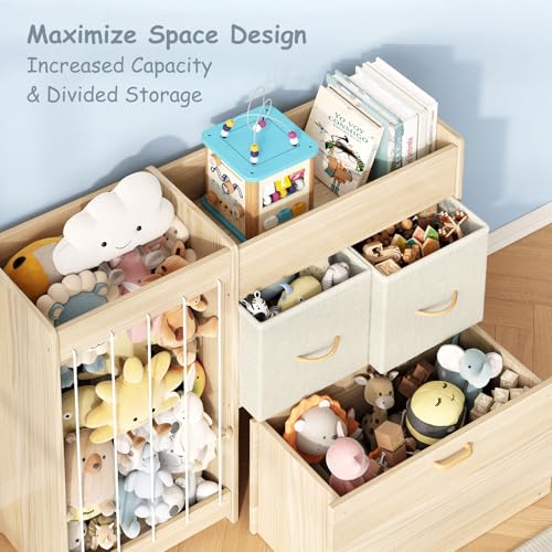 Toy Organizer and Stuffed Animals Storage, All-in-One Toy Shelf with Stuffed Animal Holder, 2 Drawers, Movable Toy Chest & Top Shelf, Solid Wood Bedroom Toy Storage Organizer - style: Burlywood+stuffed Animal Shelf