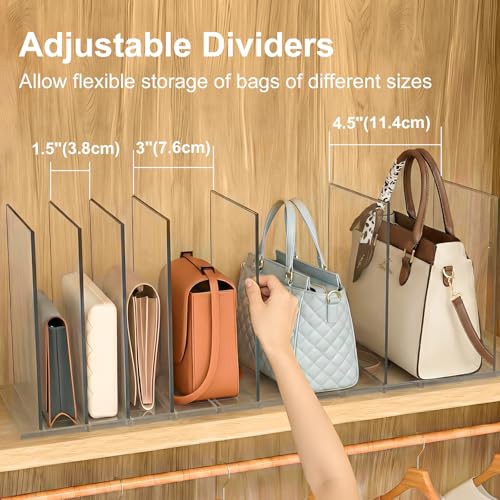 SortNStore Bag & Purse Organizer for Closet: Adjustable Clear Handbag Storage Shelf - Plastic Clutch Dividers for Closet Organizers and Storage - Keep Carteras & Pocketbook Upright - color: Clear, size: 2 Bases+7 Dividers