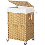 Chrislley 90L Slim Laundry Hamper with Wheels, Rolling Laundry Basket with Lid and Renovable Liner Bag, Handwoven Rattan Organizer for bedroom, bathroom, laundry room (Yellow) - color: Yellow