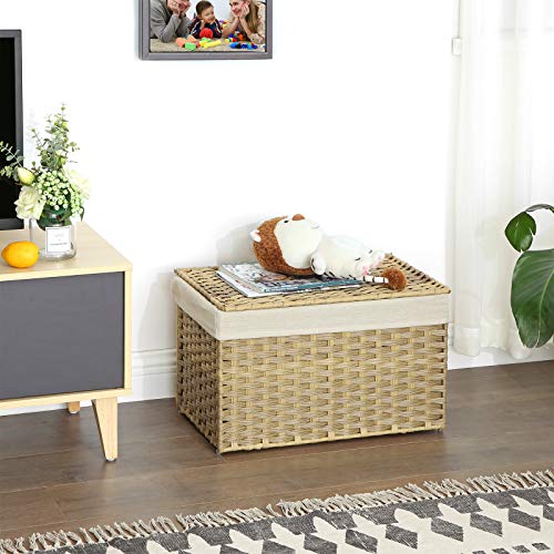 SONGMICS Storage Basket with Lid, Woven Blanket Storage Bin with Handles, Foldable, Removable Liner, Metal Frame, for Bedroom, Laundry Room, 17.2 Gallons (65 L), Natural URST56NL - color: Natural, size: 65 L