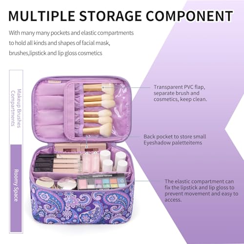 OCHEAL Makeup Bag - Portable Large Capacity Travel Cosmetic Case for Women with Handle and Divider Toiletry Organizer for Girls on the Go -Purple - color: 0021_Floral Purple, size: Medium