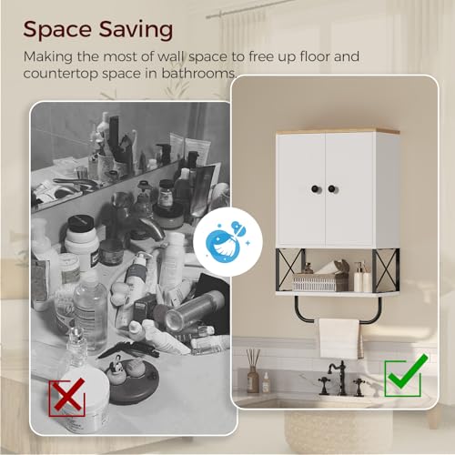 MAHANCRIS Bathroom Wall Cabinet with 2 Door and Adjustable Shelf, Medicine Cabinet with Towel Rack, 3-Tier Wall Mounted Storage Cabinet Over The Toilet for Bathroom Laundry Room, White and Natural - color: White and Natural, size: 15"L x 7.9"W x 26.1"H