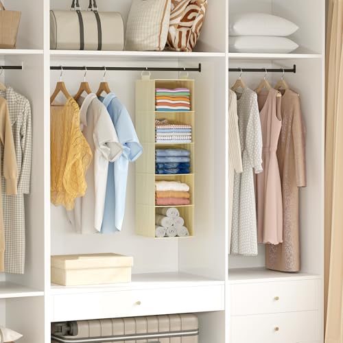 Lifewit 5 Tier Hanging Closet Organizer and Storage for Shelves, Foldable Clothes Shelf with 2 Sturdy Hooks, Sweater/Coat/Shoes Clothing Organization for Wardrobe, Dorm, Bedroom, Beige - color: Beige