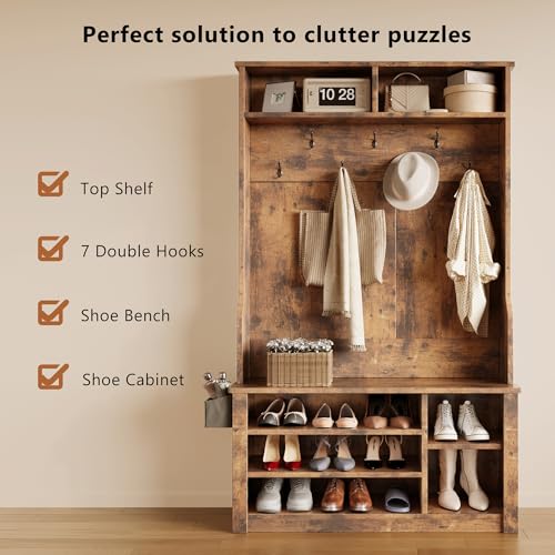 Aiho Entryway Hall Tree with Bench and Storage, 3-in-1 Hall Tree with Coat Rack, Adjustable Shoe Bench, 2-Tier top Storage, for Hallway, Entryway, Bedroom, Rustic Brown - color: Brown