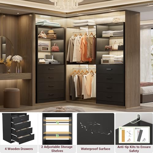 Aheaplus Closet Drawers Organizer System, 21.3" Wood Closet System with 4 Drawers, Modular Walk-in Closets Storage Unit, Tall Bookshelf Storage Cabinet, Black - color: Black