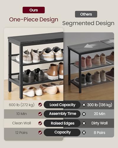 VASAGLE 3 Tier Shoe Rack Bench, One Piece Shelves, Shoe Storage Organizer with Raised Edges, Industrial Style, Easy Assembly, 11 x 39.4 x 19.7 Inches, Charcoal Gray and Matte Black ULSB075BA01S - color: Charcoal Gray + Matte Black, size: 39.4"W